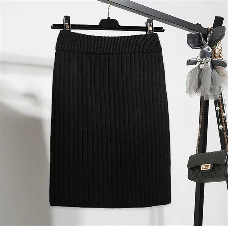 black stripe 53cm Модная осенне-зимняя трикотажная Женская юбка в Корейском стиле, высокая талия, тонкая эластичная прямая юбка, утолщенная Сексуальная посылка, юбки в бедрах 3122 - Цвет: black stripe 53cm