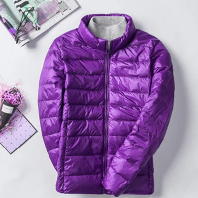 Короткие тонкие пуховые пальто для женщин Осень Зима повседневные однотонные размера плюс светильник пуховики для женщин модные элегантные стоячий воротник верхняя одежда - Цвет: Purple