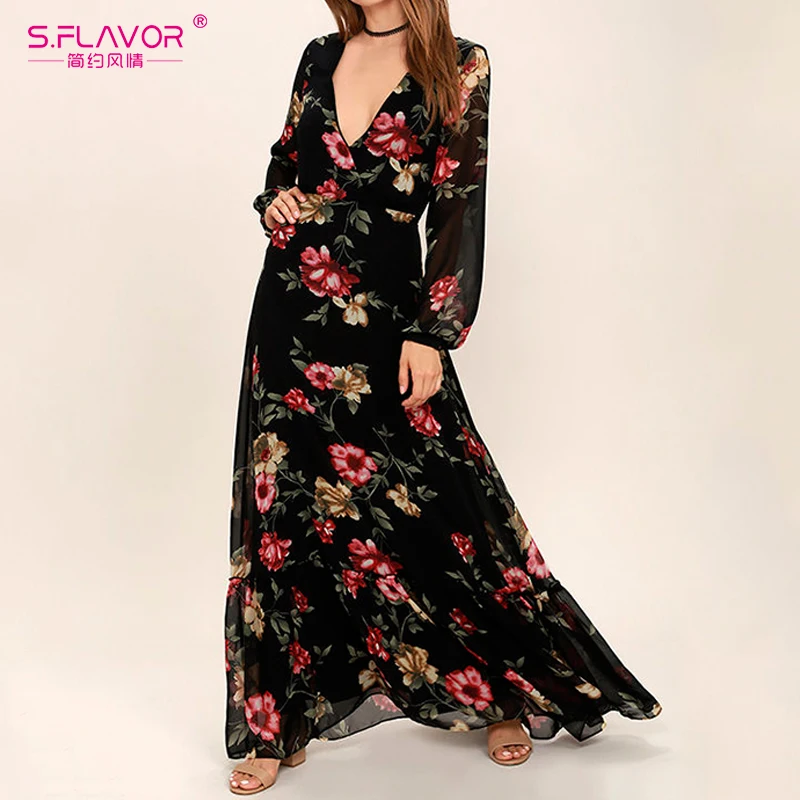 Comprare S. SAPORE Autunno Inverno vestito Dalla Spiaggia Della Boemia delle donne stampato Floreale vestito lungo Elegante Con Scollo A V sexy manica lunga casuale Vestidos De