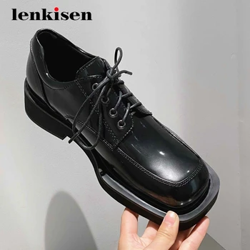

Lenkisen big size preppy style full grain leather european design square toe thick med heel lace up pretty girls women pumps L13