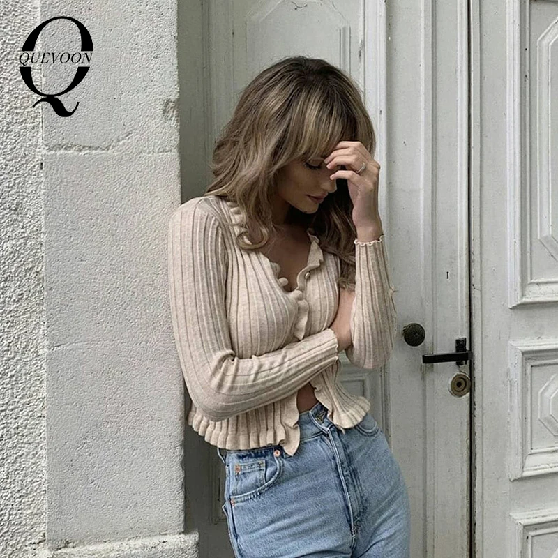 

QUEVOON Women V- Neck Ribbed Knitted Cardigan Sweaters Pearl Button Front Crop Tops For Females Autumn Winter Clothes Sweater