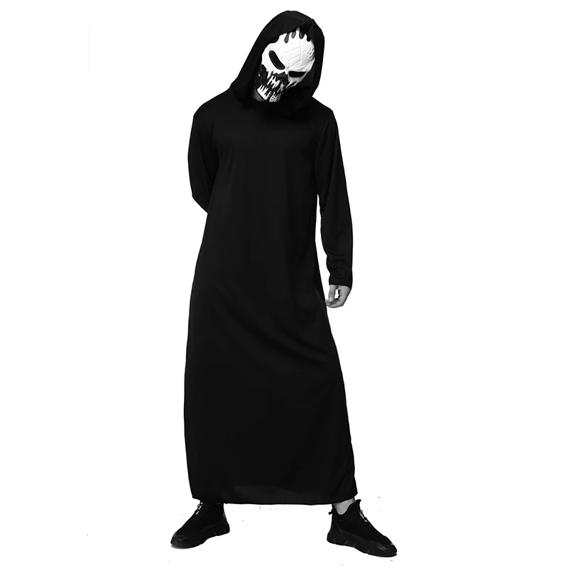 Ghost Face Hooded Gown Costume Adult Scary Demon Skeleton Costume Unisex Halloween Death Cosplay Black Robe With Mask