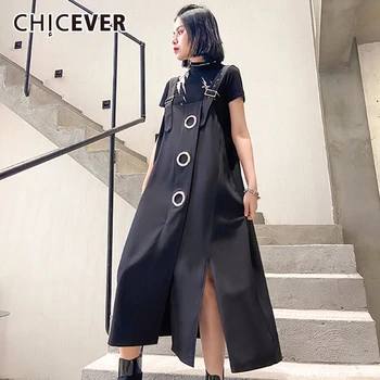 

CHICEVER Korean Hollow Out Women's Dress Square Collar Pocket Loose Oversized Side Split Midi Dresses Female Summer 2020 Fashion