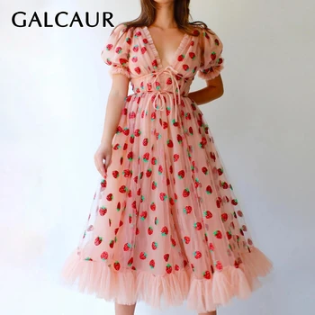 

GALCAUR Patchwork Mesh Dress Female V Neck Puff Short Sleeve High Wiast Hit Color Midi Dresses Female 2020 summer Fashion New
