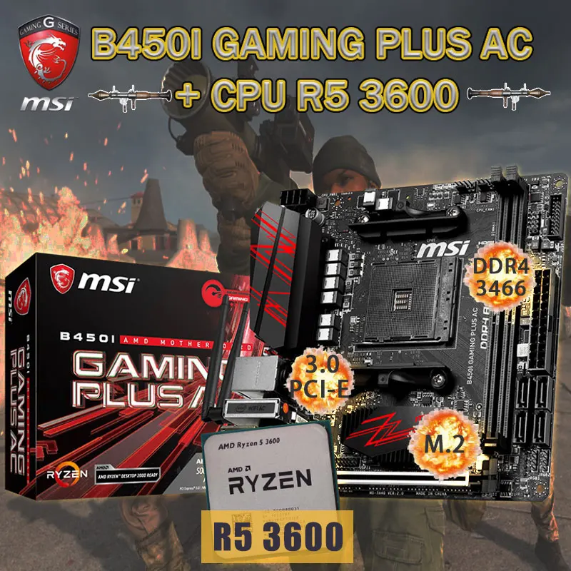 MSI B450I GAMING PLUS AC Motherboard Set+ AMD Kit Ryzen 5 3600 Combo DDR4  32GB M.2 PCI-E 3.0 Placa-mãe AM4 Mini-ITX Desktop B450