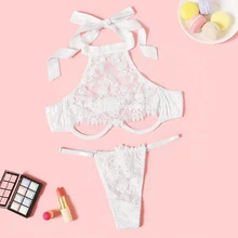 Цветочный кружевной комплект нижнего белья с подвязками с чокером, женское нижнее белье, бюстгальтер на косточках из прозрачной сетки и стринги, Дамский комплект нижнего белья