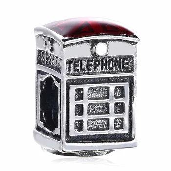 

New 925 Sterling Silver Bead Charm Red Enamel London Calling Phone Booth Telephone Box Beads Fit Bracelet DIY Jewelry