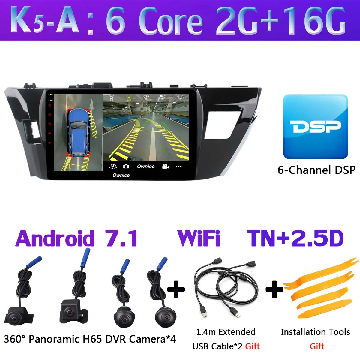 360 ° 4×Camera Android 9,0 4G+ 64G gps радио CarPlay DSP автомобильный мультимедийный плеер для Toyota Corolla levin E160 E170 E180 - Цвет: K5-A