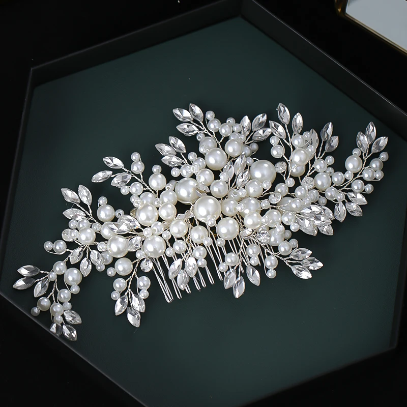 Luxuriöse Perle Haarkamm Stirnband Strass Perle Haarschmuck für Frauen Hochzeit Zubehör Tiara Kopfschmuck – Detail 4