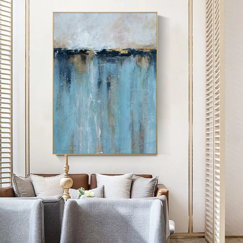 

Handmade Painting Gold Blue Abstract Painting Modern Wall Pictures For Living Room Hallway Modern Light Luxury Canvas Art