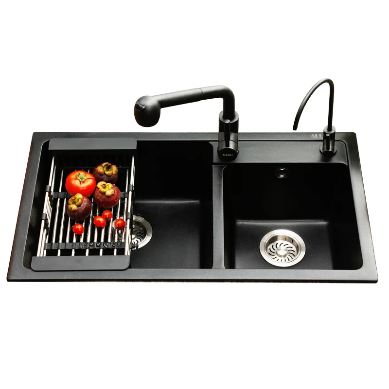 

German Thick Quartz Stone Sink Double Bowl,Kitchen Sink,Sink Granite Pool, Black Multifunction Washing Basin,20cm Thicken Sink