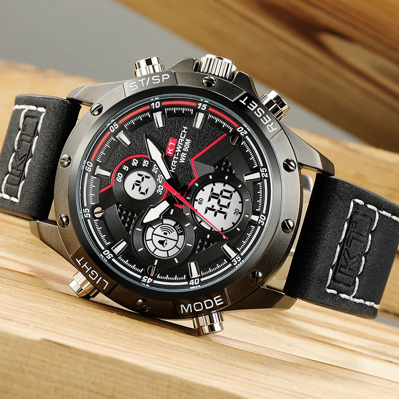 KT Luxury Brand Quartz Movement Men Watch Waterproof Multifunction Military Large Dial Wristwatch PU Leather Strap Fashion Gift
