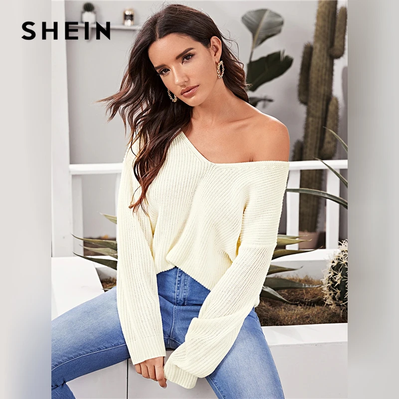 SHEIN бежевый Однотонный свитер на завязке с открытой спиной для женщин Осень Зима V образным вырезом с длинным рукавом Highstreet сексуальные свитера