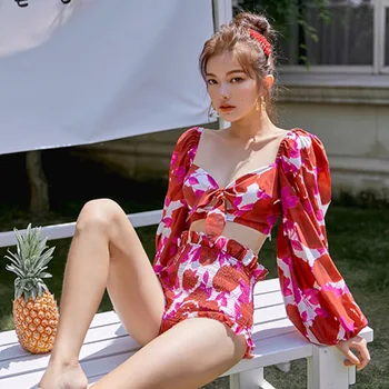 

Tankini Swimsuit Swimwear For Girls Bikini Brazilian Female Solid Swiming Suit Women May Long Sleeve Restoring Ancient High