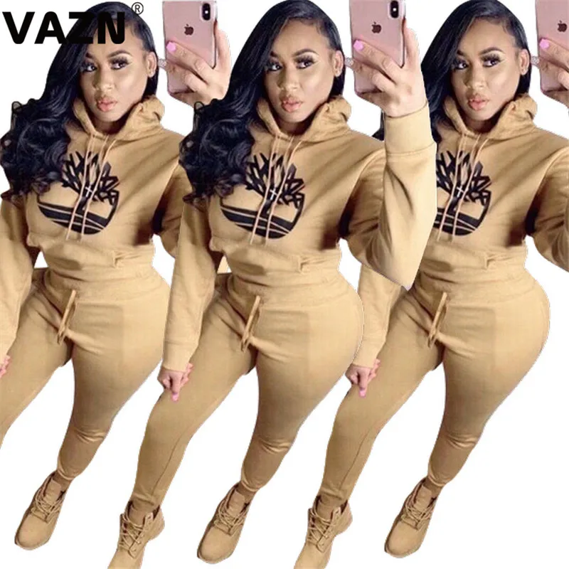 VAZN QZX6098 Hood Print Hot High-end Sexy Women 2 Pieces Set Sport Full Sleeve Long Pant Sport Soft Women Set