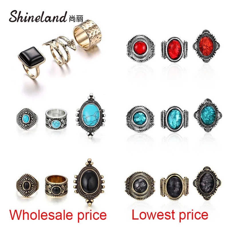 Shineland 3PCS/Set Women Bohemian Vintage Geometric Joint Ring Set Blue Red Black Resin Stone Punk Party Statement Jewelry | Украшения и