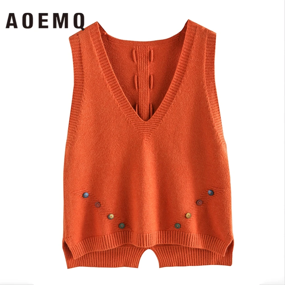 

AOEMQ Vest Sweater 9 Colors V-Neck Sleeveless Sweater with Rainbow Button Decoration Vest Pullovers Loose Women Clothing