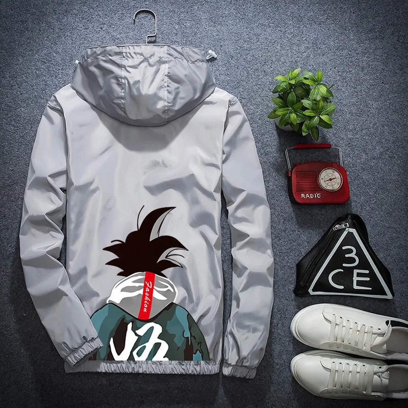 

LES KOMAN Dragon Ball Printing Autumn New Men Jacket Reflective Zipper Casul Streetwear Hooded Coats Outwear S-5XL