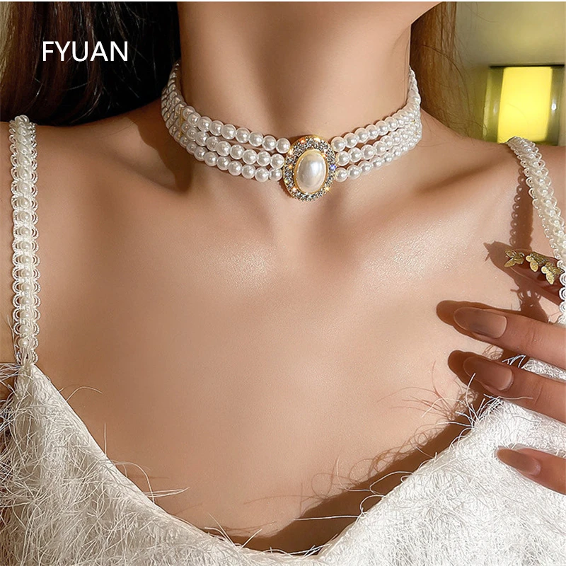 FYUAN de perlas multicapa de Vintage para mujer, collares de cristal geométricos cortos, joyería de novia para bodas|Collares tipo gargantilla| - AliExpress