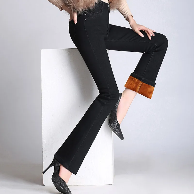 YUEY, новинка, S до 5XL, женские утолщенные зимние теплые джинсы с высокой талией размера плюс, тянущиеся, вымытые, синие, обтягивающие, расклешенные джинсы с горячей подкладкой - Цвет: Black 1