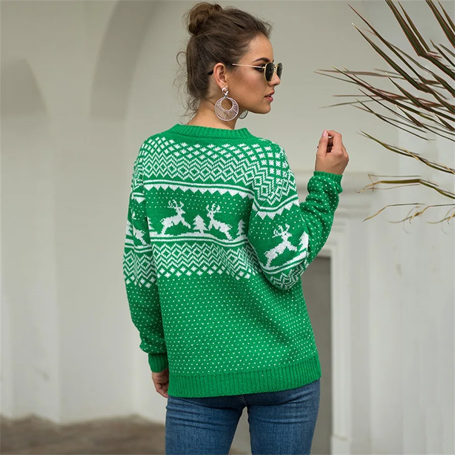 Осень и зима Рождественский свитер женский, с круглым вырезом пуловер с длинным рукавом с рисунками олененка с длинными рукавами