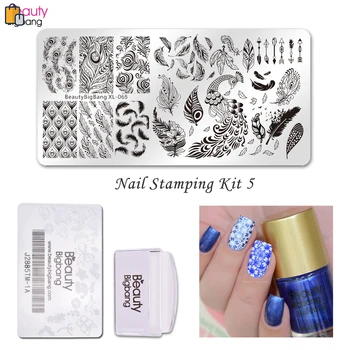 

4Pcs/Set Nail Stamping Plate Starter Birds Peacock Feather Pattern Plate with Clear Jelly Stamper Blue Stamping Polish W09