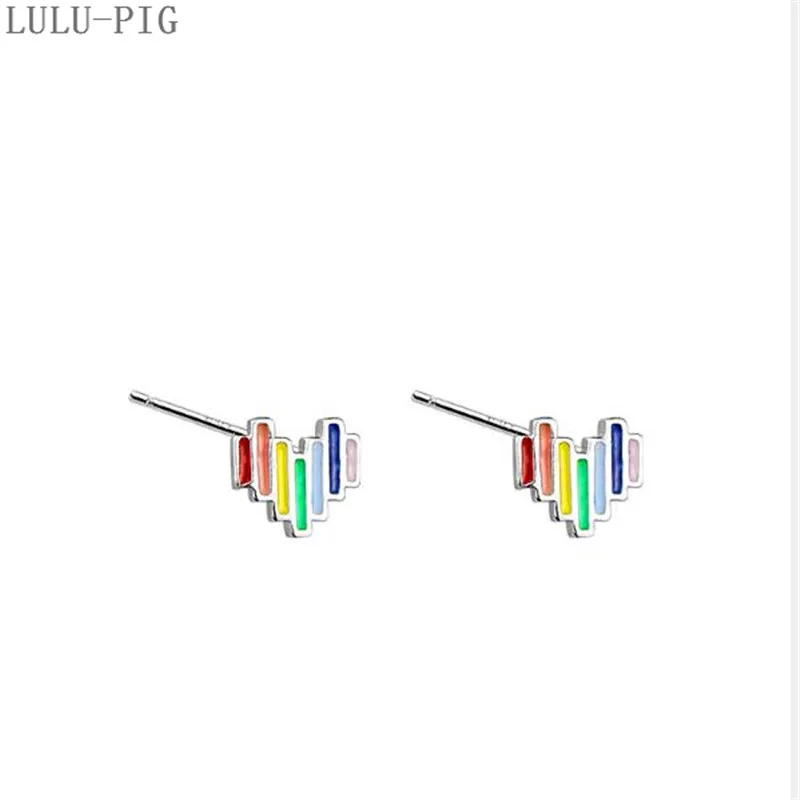 LULU-PIG хит продаж новые женские серьги-гвоздики с радужными сердечками простые