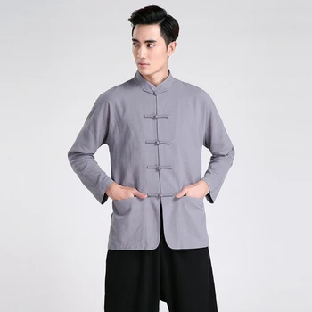 

Blue Tang suit linen jacket shirt men's buckle Chinese style Tang suit large size Hanfu men's antique cotton linen Coat