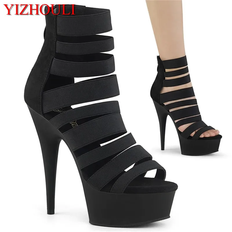 

Sexy high-heeled shoes for the knight, a pair of black summer 15 cm thick boots for women's stage show ankle boots