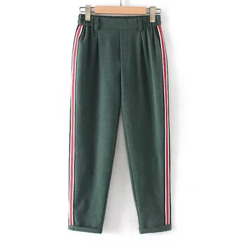 

women elegant side stripe pants elastic waist green black ladies autumn casual streetwear fashion trousers