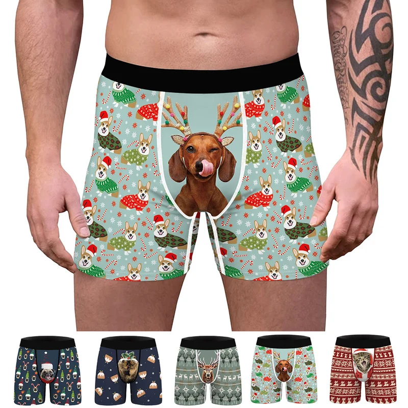 Christmas Funny Print Underwear Men Print Boxer Briefs Cartoon Cat Dog