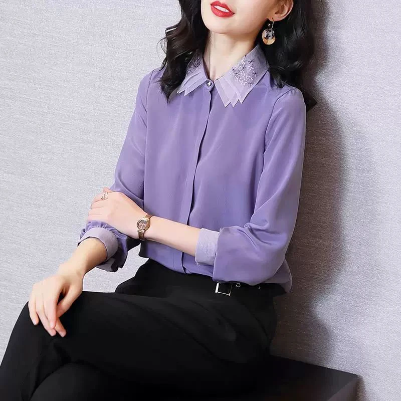 2024 Spring Summer Women Chiffon Turn-down Collar Blouses Lady Shirts Female Casual Purple Chiffon Blusas Tops