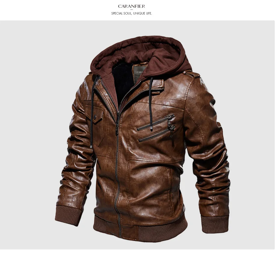 CARANFIER мужская кожаная куртка с капюшоном мотоциклетная куртка из искусственной кожи Мужская Ретро мода косая молния осень зима кожаные куртки пальто