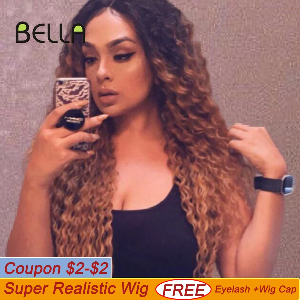 

Ombre Kinky Curly Wig Lace Front Long 30 Inch Simulated Scalp Synthetic Wig Cosplay Lolita Curly Hair Wave Wigs For Women Bella