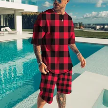 

New Men Sets Tracksuit For Men Tshirt Set Summer Sweatsuit 2 Piece Set Casual Striped Grid Short Sleeve Shirts+Shorts Man Sets