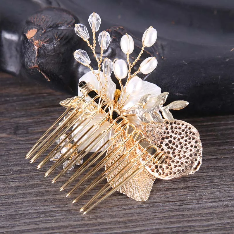 Новые поступления золотой цветок лист кристалл жемчуг гребни для волос Noiva невесты свадебное украшение для волос ювелирные изделия головной убор для девочки