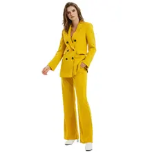 Желтый цвет, брюки, костюмы для женщин, модная куртка с длинным рукавом, длинные широкие брюки, женские двойные нагрудные костюмы для женщин