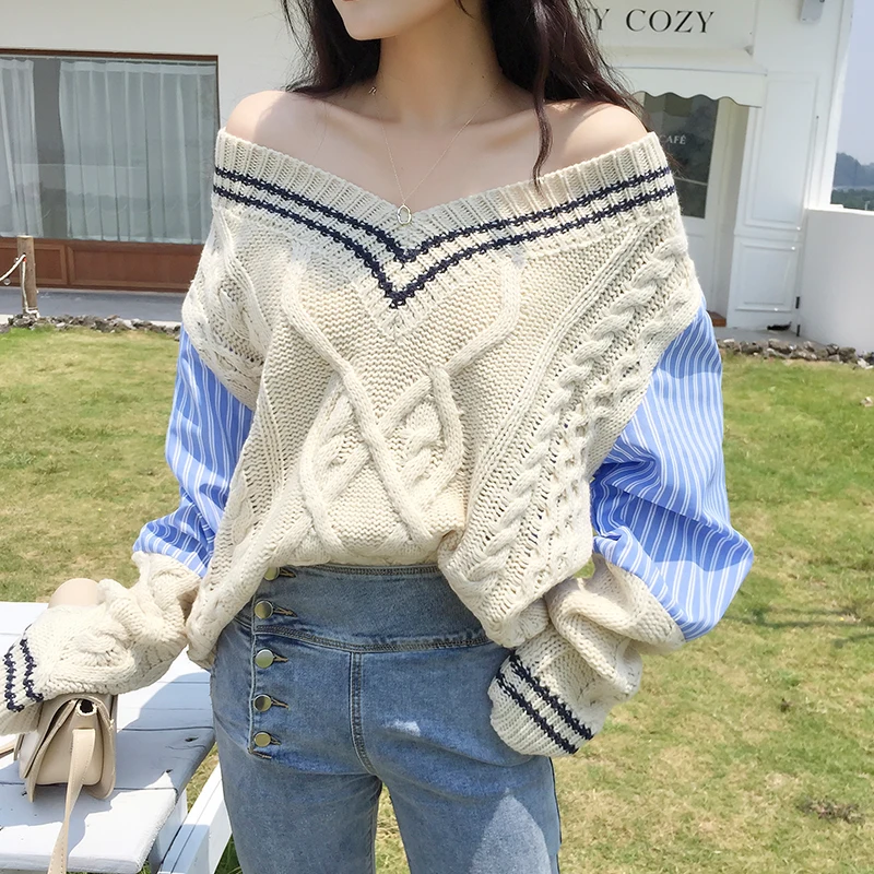 

Women Autumn Striped Patchwork Twist Shirt Sweater Sexy V Neck Knitted Pullover Jumper Pull Femme Plus Size Sueter Jersey Mujer