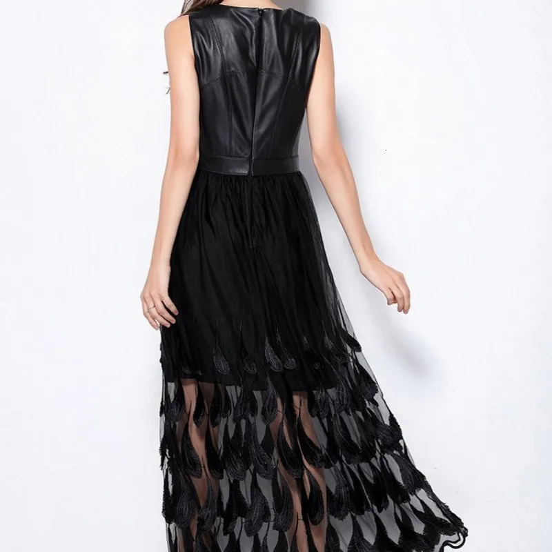 

Sheepskin Genuine Leather Womens High Waist Gauze Dress Lace Patchwork Sleeveelss OL Robe Spring Elegant Fashion Feather Vestido