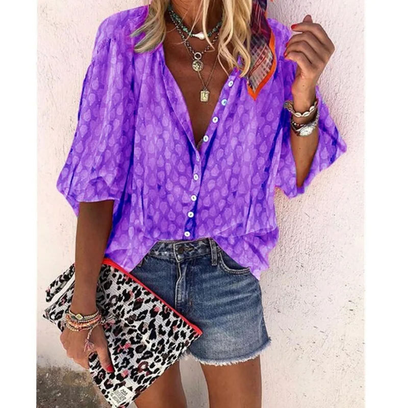 purple LISALA женские блузки, рубашка в горошек размера плюс, Свободная блузка на пуговицах - Цвет: purple