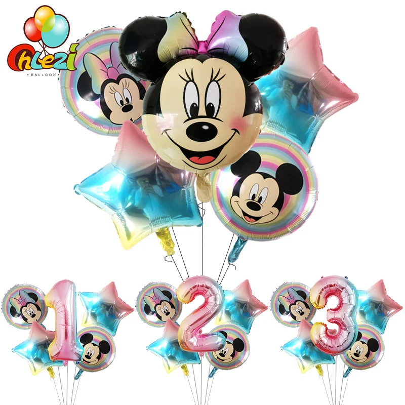 5 шт. новые градиентные воздушные шары с изображением Микки и Минни, украшения для дня рождения, Детский номер 1, 2, 3 года, 18 дюймов, цветные воздушные шары для детского душа
