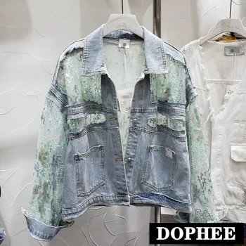 

Denim Lace Jacket Women Spring Autumn New Sequin Embroidery Hole Stitching Mesh Sunscreen Jeans Coat Female Coat Chaqueta Mujer