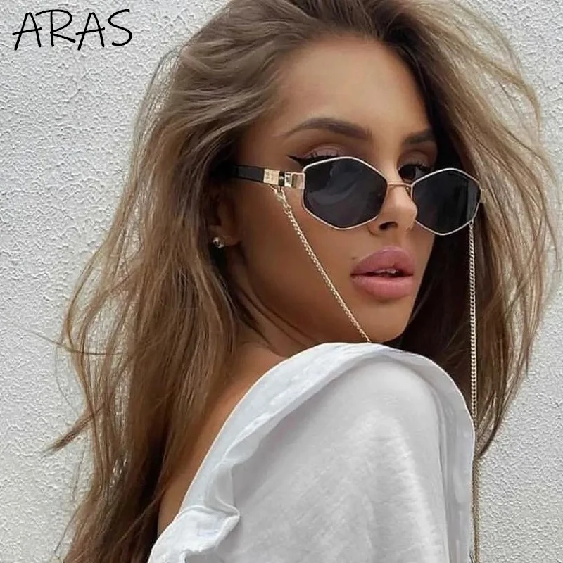  Trendy Retro Hexagon With Chain Sunglasses Women 2023 Brand Designer Unique Polygonal Sun Glasses For Female Small Frame Eyewear 