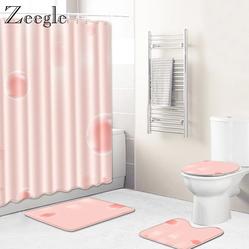 Zeegle Flannel Bath Mat Set 4pcs Bathroom Mat Suit Washing Machine Mat Toilet Floor Rug Anti Slip Rug Waterproof Shower Curtain