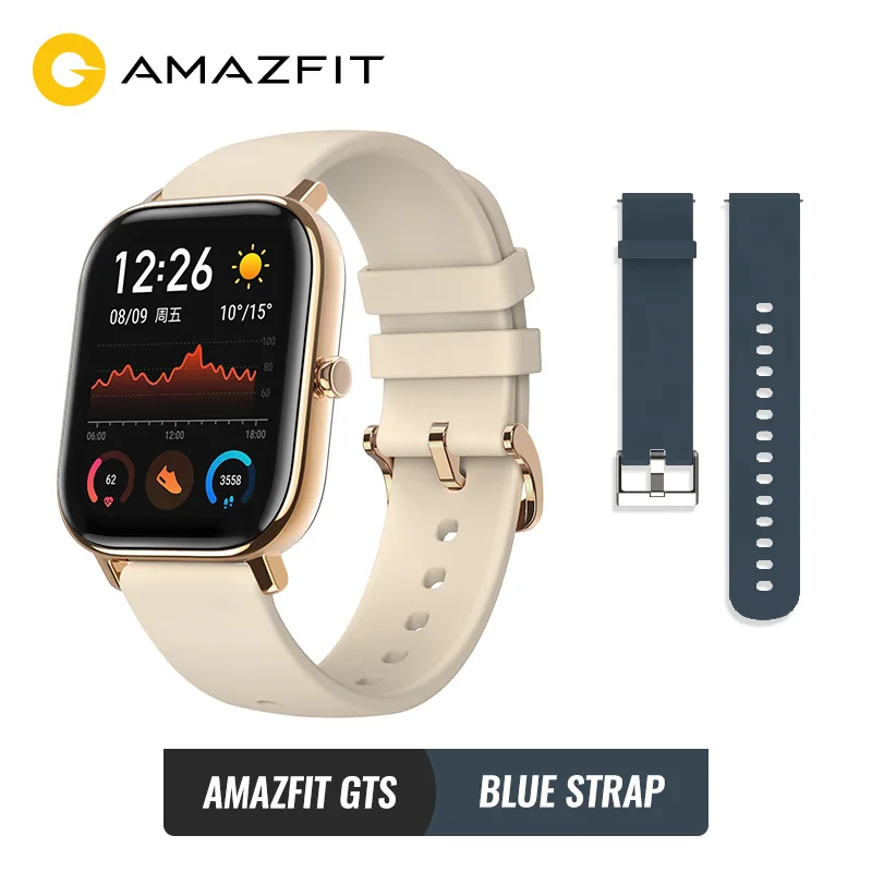 Глобальная версия Amazfit GTS, Смарт-часы, умные часы, gps, спортивные часы для бега, пульсометр 5 АТМ, водонепроницаемый браслет, AMOLED экран - Цвет: Gold add blue str