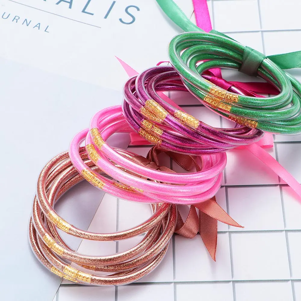 

5 PCS/Set Bowknot Gold Silver Glitter Bangles Set 2019 All Weather Stack Silicone Plastic Glitter Jelly Bangles Bracelet Jewelry