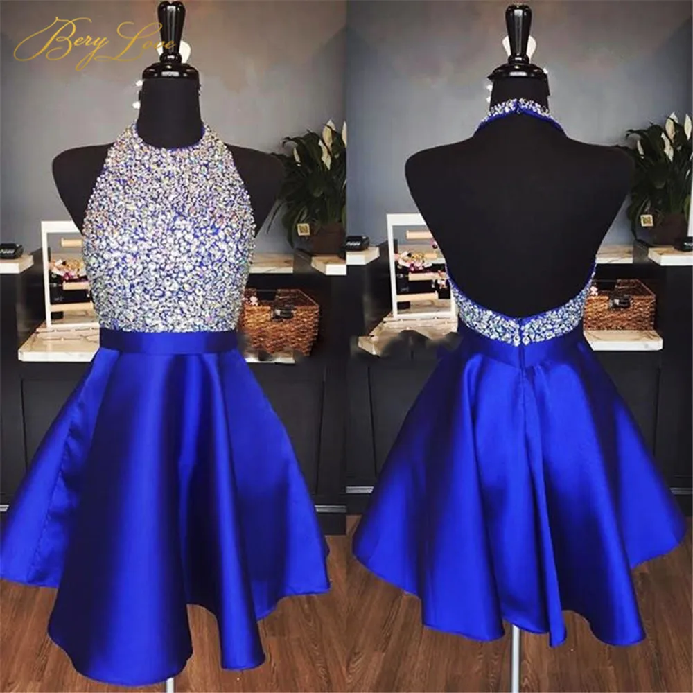 

Rhinestone Royal Blue Homecoming Dress 2019 Halter Neck Satin A line Skirt Graduation Dress Open Back Sexy Beads Cocktail Gown