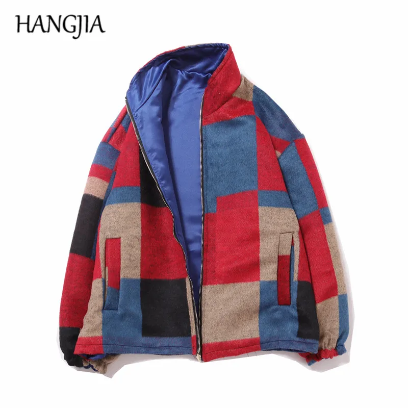 Harajuku Retro Woolen Plaid Jacket Coat Double-sided Wear Autumn and Winter Patchwork Tartan Jackets Hip Hop Casual Clothes