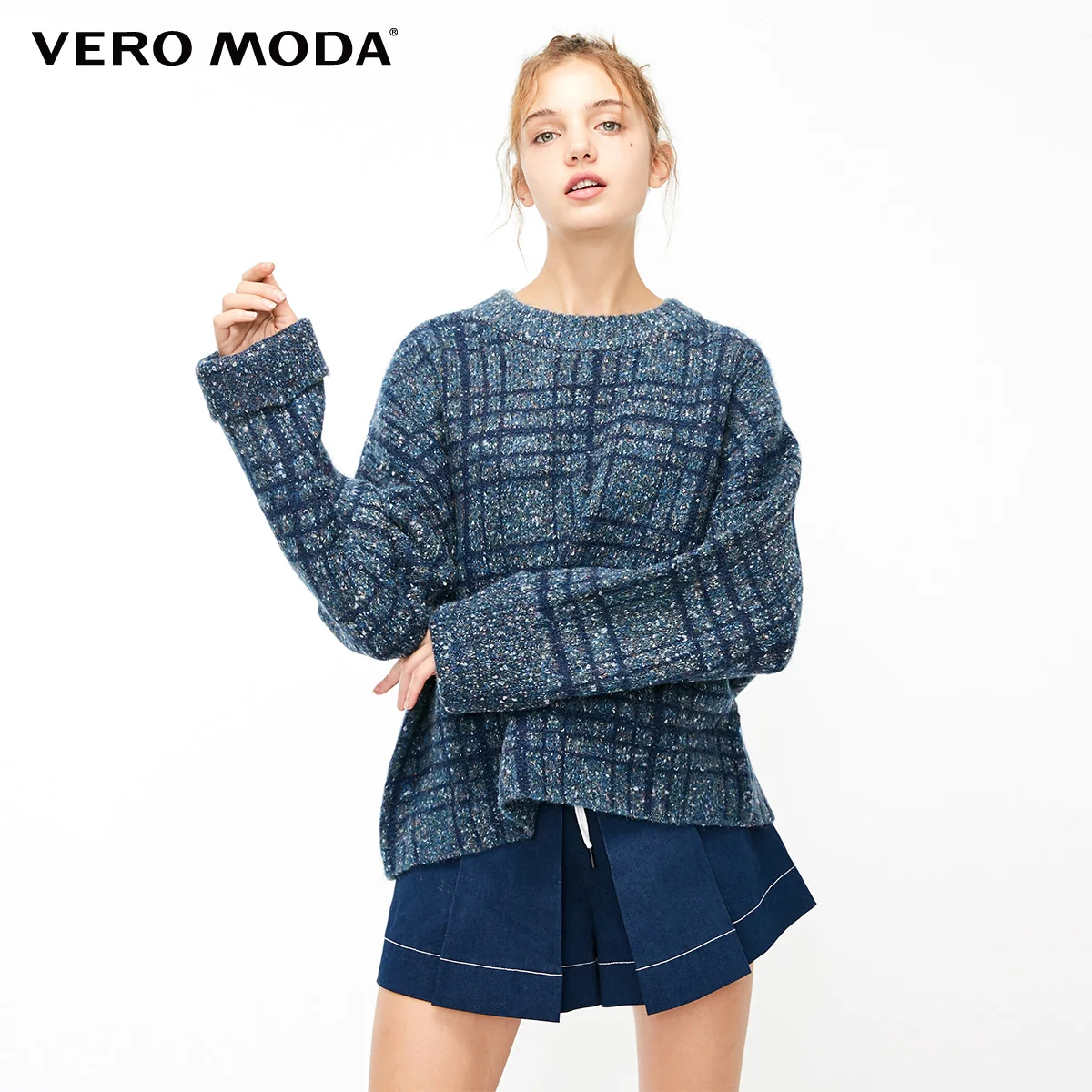 Vero Moda Женский Осенний твидовый вязаный свитер с открытыми плечами | 318325501 - Цвет: Bijou blue mel.