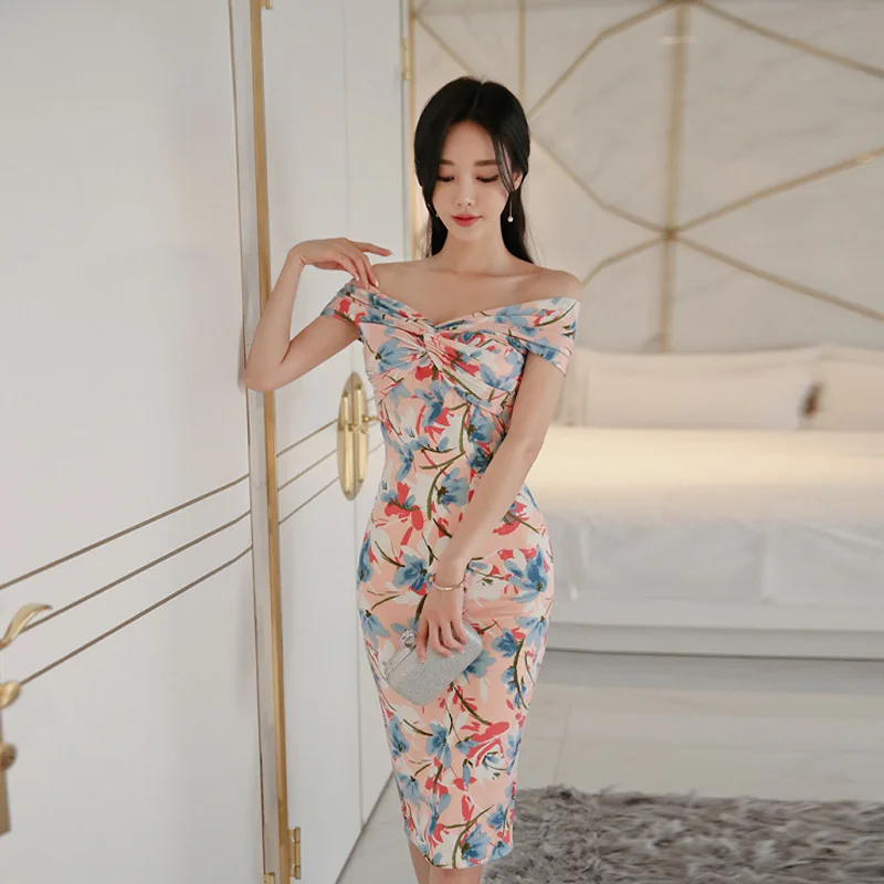 

2019 New Style Korean-style Women's Horizontal Neck Printed Knot Cross Wrapped Shoulder Short Sleeve Slim Fit Sheath Dress